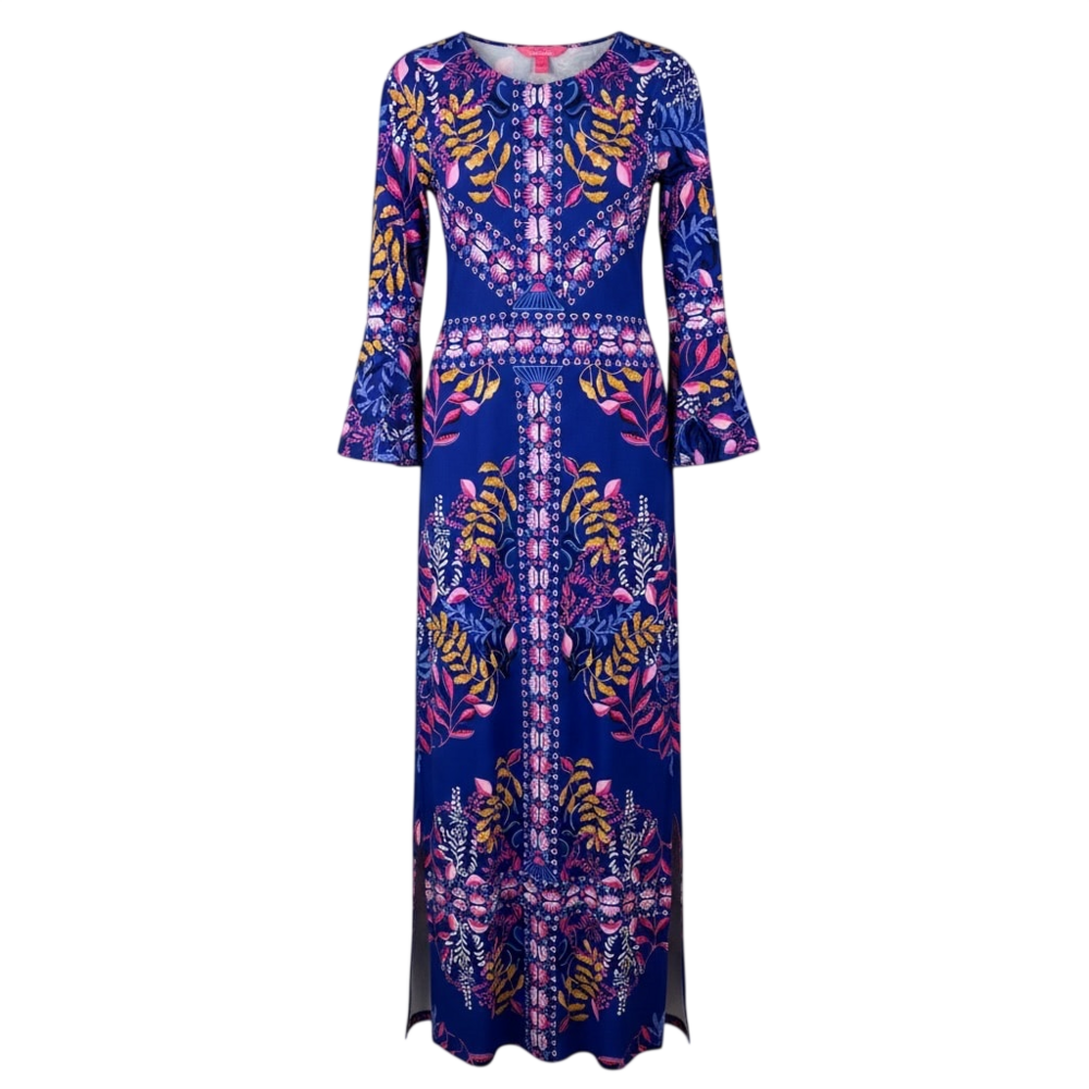 Lilly Pulitzer blue floral maxi dress with bell sleeves, side slits, and round n